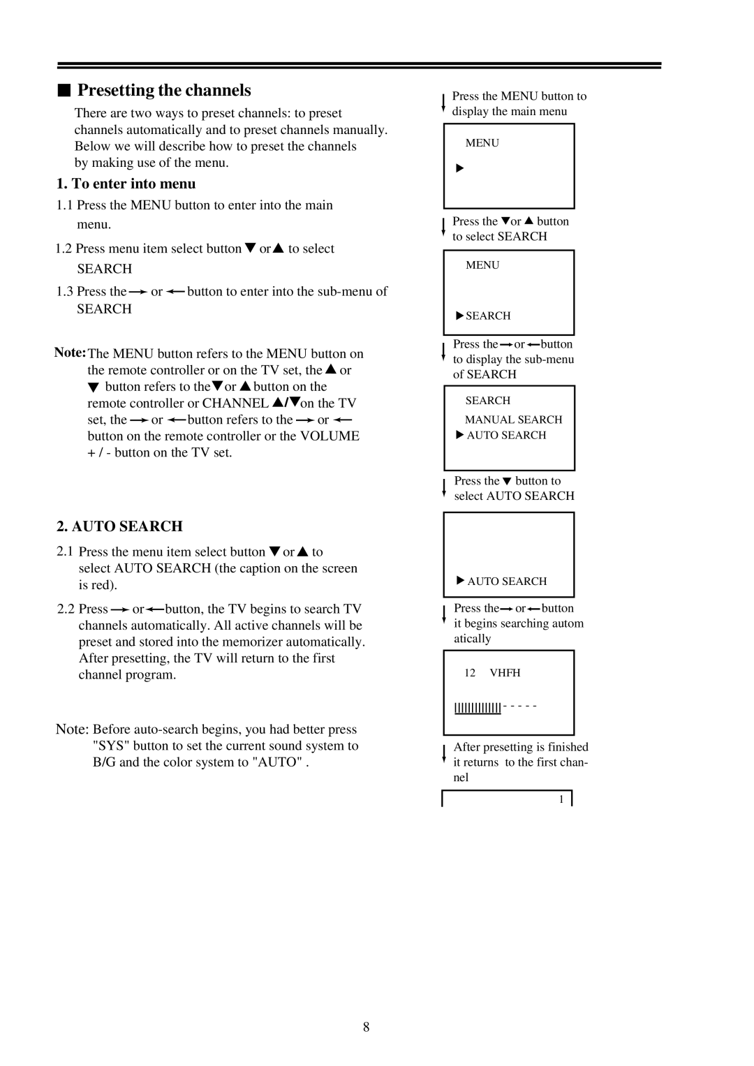 Palsonic 9219SF owner manual Presetting the channels, To enter into menu, Search 