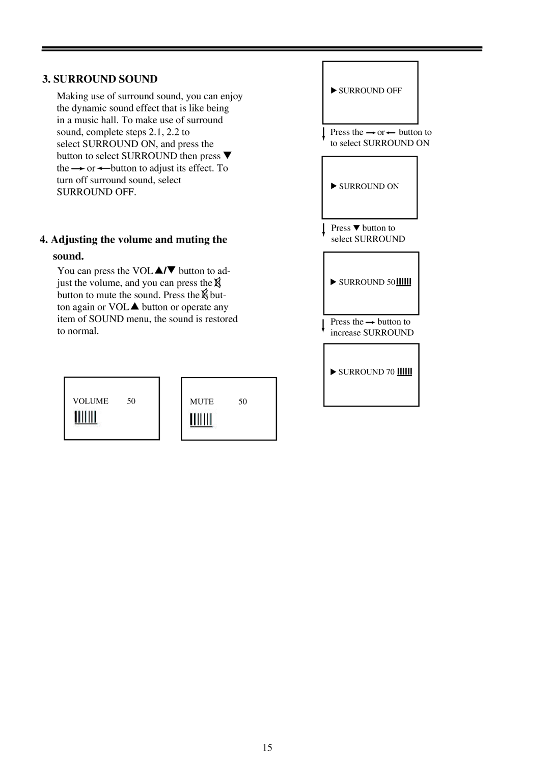 Palsonic 9219SF owner manual Adjusting the volume and muting the sound, Surround OFF 