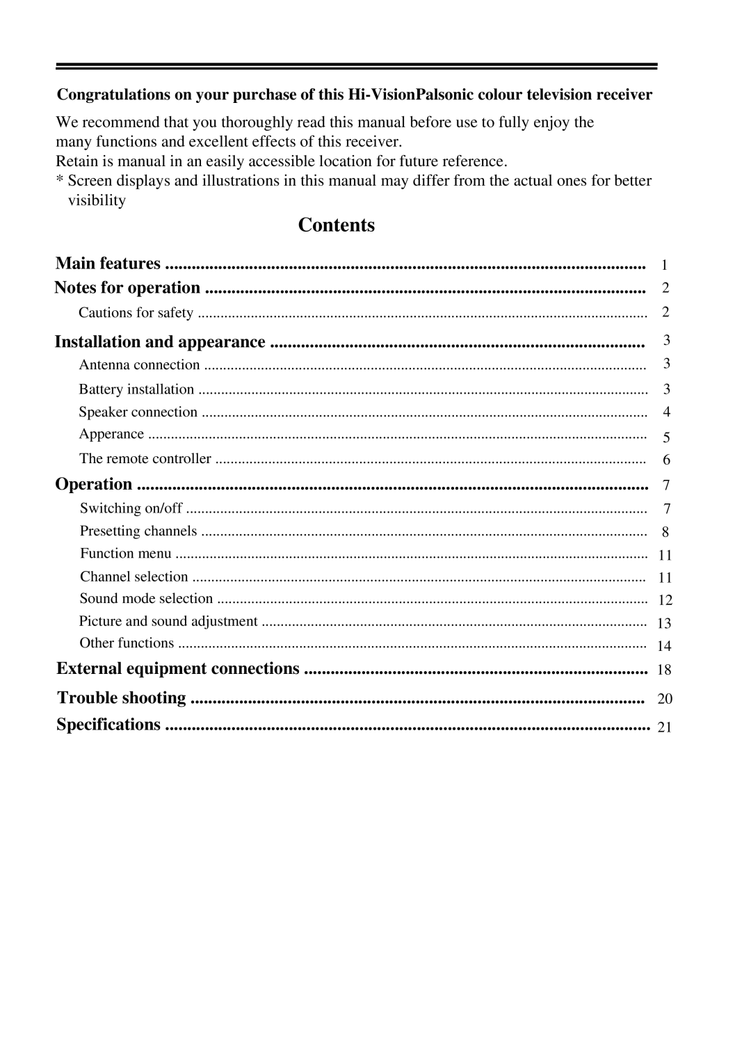 Palsonic 9219SF owner manual Contents 