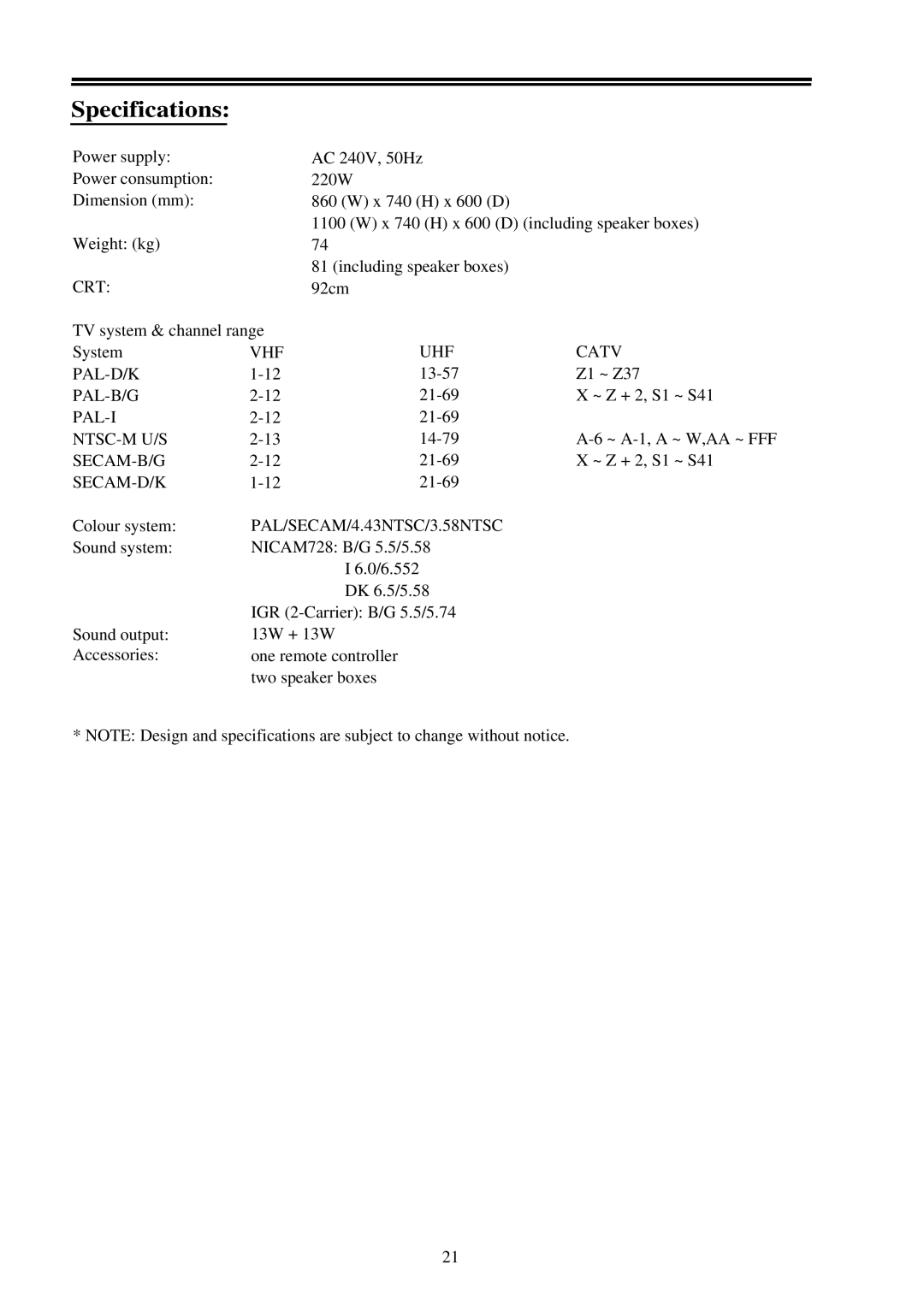 Palsonic 9219SF owner manual Crt, Pal-D/K Pal-B/G Pal-I Ntsc-M U/S Secam-B/G Secam-D/K, UHF Catv 