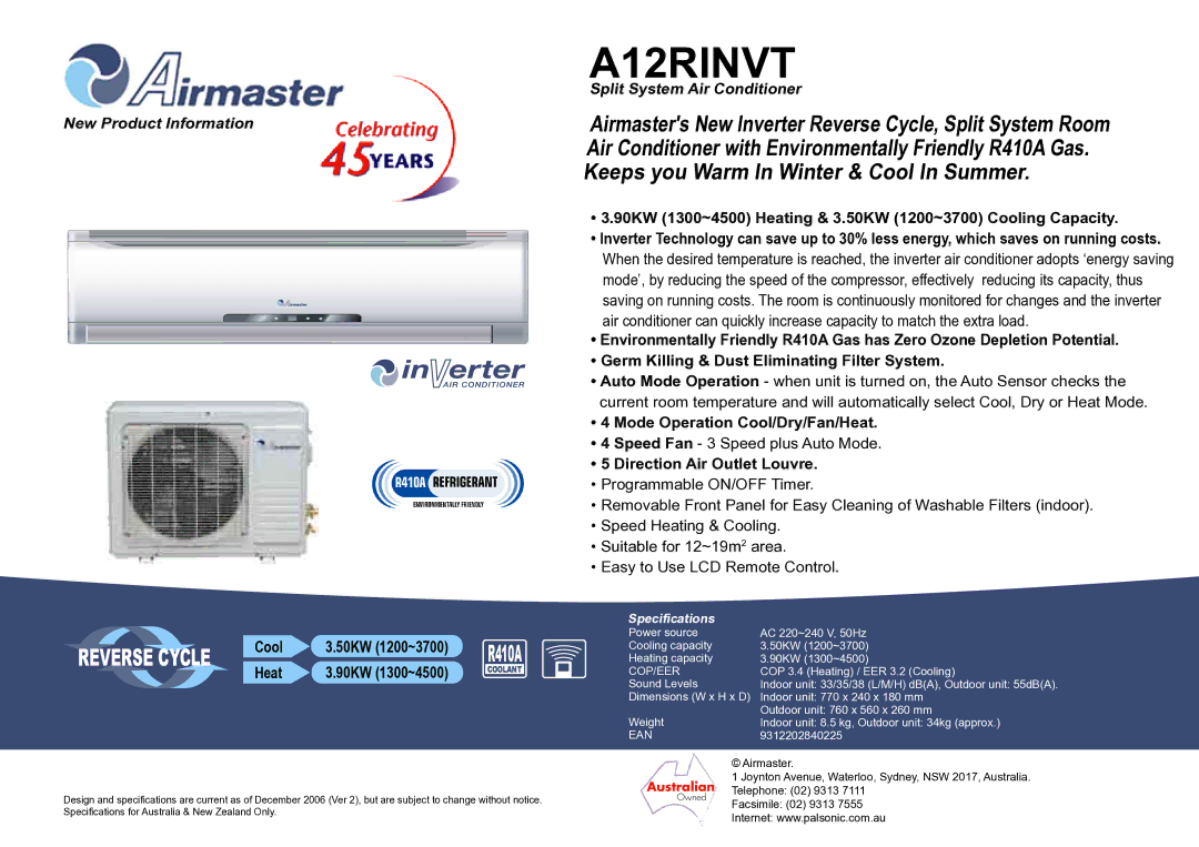 Palsonic A12RINVT specifications Reverse Cycle 