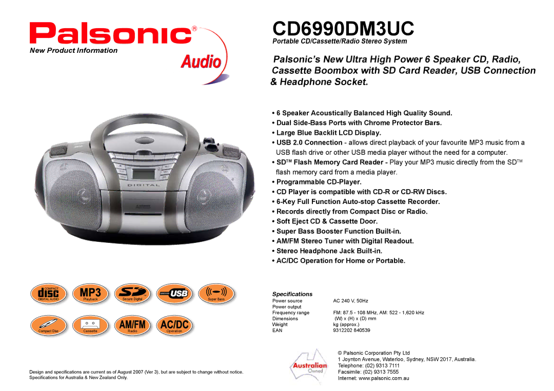 Palsonic CD6990DM3UC specifications New Product Information, Specifications 