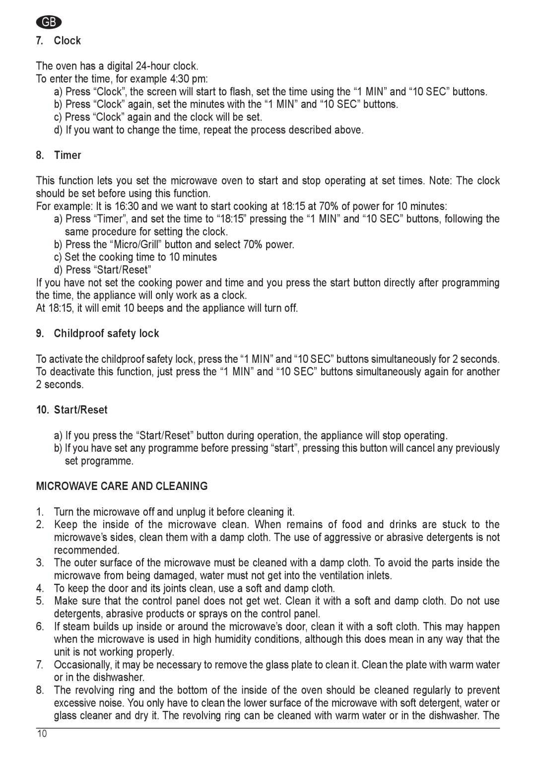 Palsonic COD. 30537 manual Clock, Timer, Childproof safety lock, Start/Reset, Microwave Care and Cleaning 