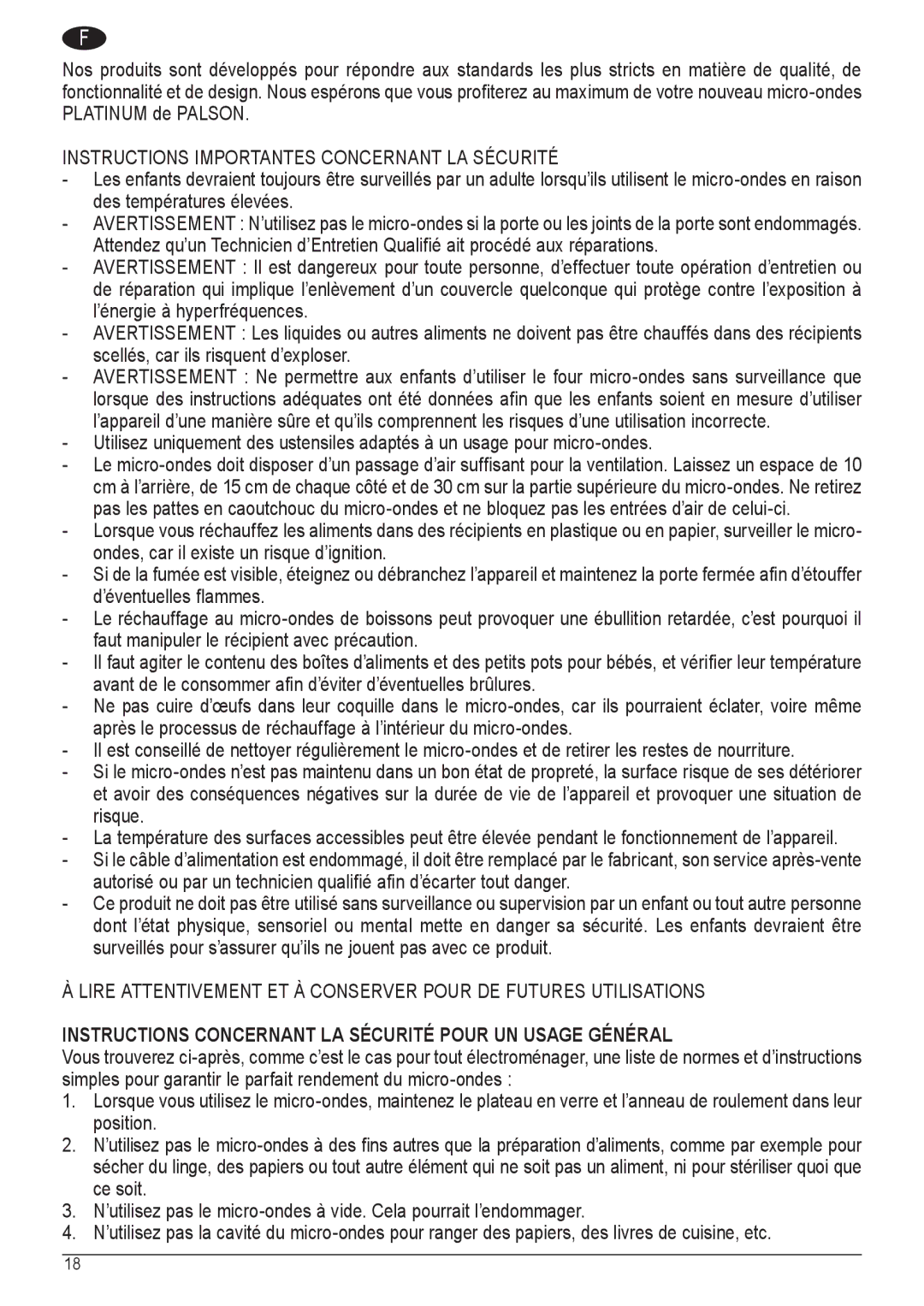 Palsonic COD. 30537 manual Instructions Importantes Concernant LA Sécurité 