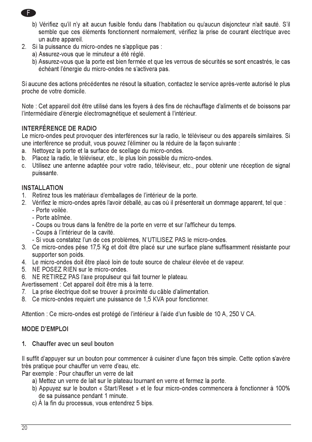 Palsonic COD. 30537 manual Interférence DE Radio, Mode D’EMPLOI, Chauffer avec un seul bouton 