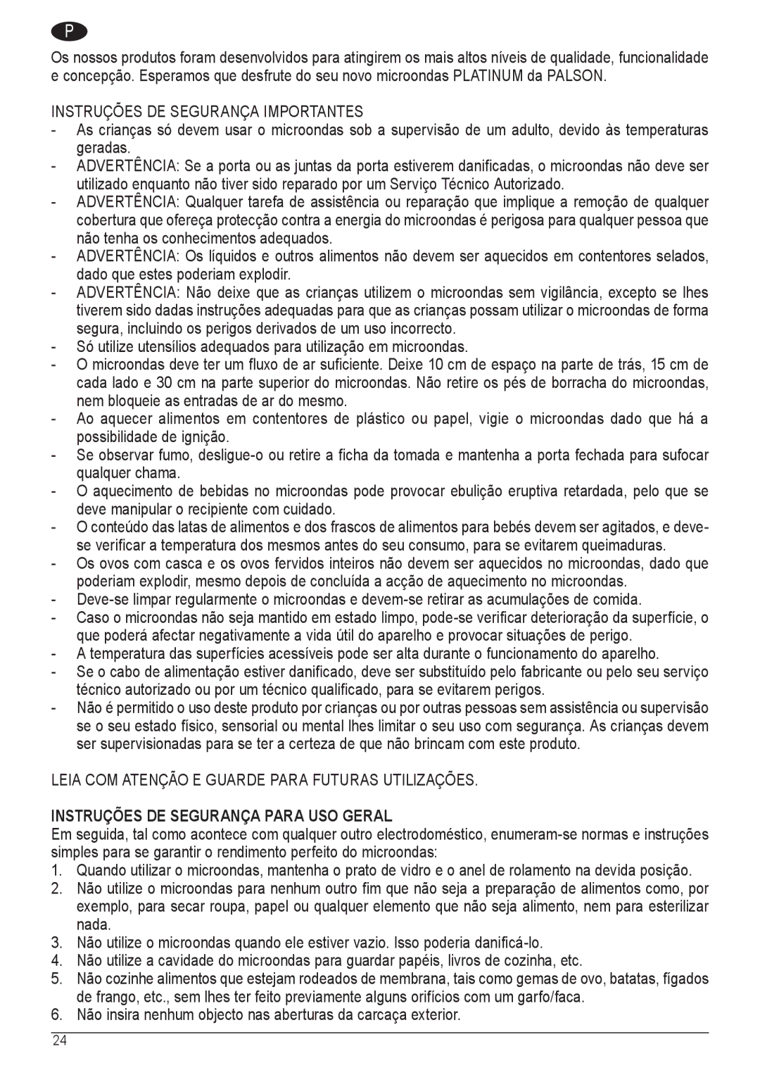 Palsonic COD. 30537 manual Instruções DE Segurança Importantes, Instruções DE Segurança Para USO Geral 