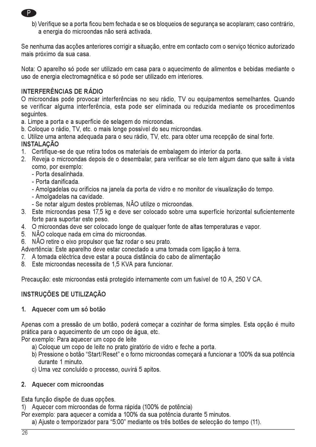 Palsonic COD. 30537 manual Interferências DE Rádio, Instalação, Instruções DE Utilização, Aquecer com um só botão 