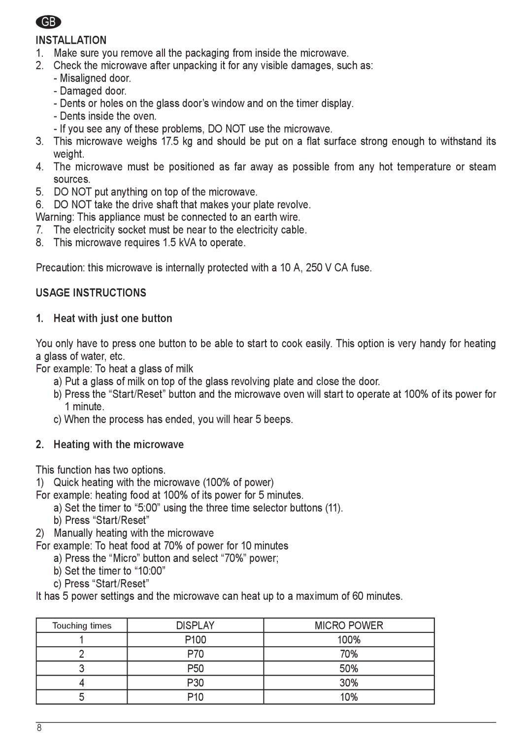 Palsonic COD. 30537 manual Installation, Usage Instructions, Heat with just one button, Heating with the microwave 