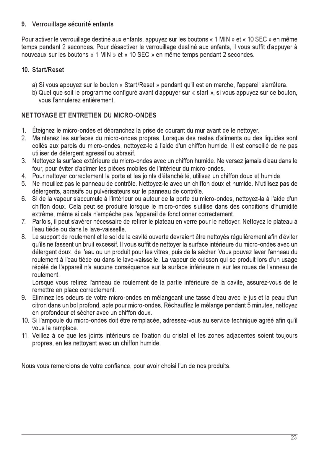 Palsonic COD. 30537 manual Verrouillage sécurité enfants, Nettoyage Et Entretien Du Micro-Ondes, Start/Reset 