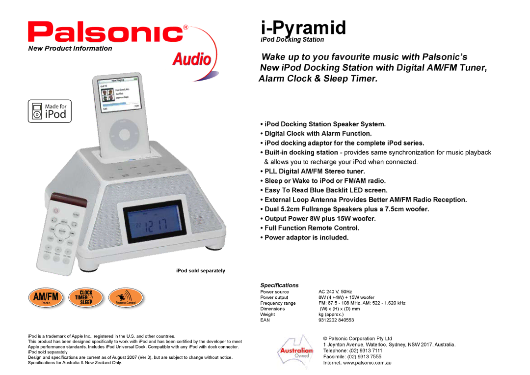 Palsonic Docking Station specifications Pyramid, New Product Information, Specifications, IPod sold separately 