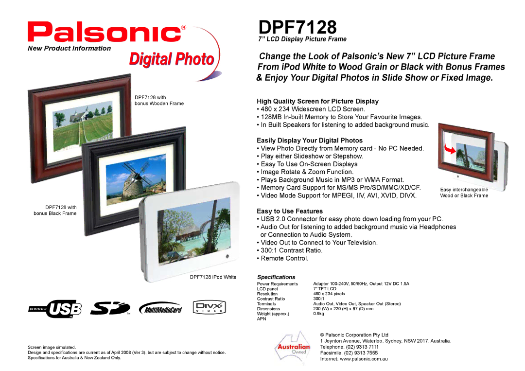 Palsonic DPF7128 specifications High Quality Screen for Picture Display, Easily Display Your Digital Photos 