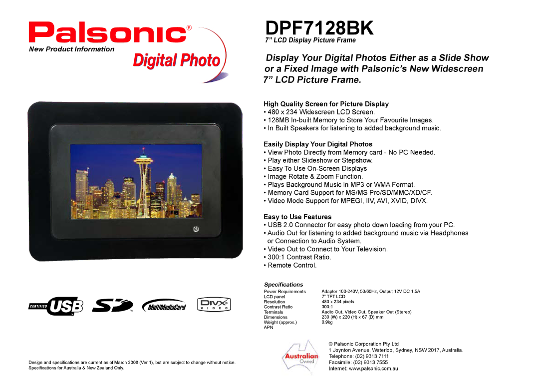 Palsonic DPF7128BK7 specifications High Quality Screen for Picture Display, Easily Display Your Digital Photos 