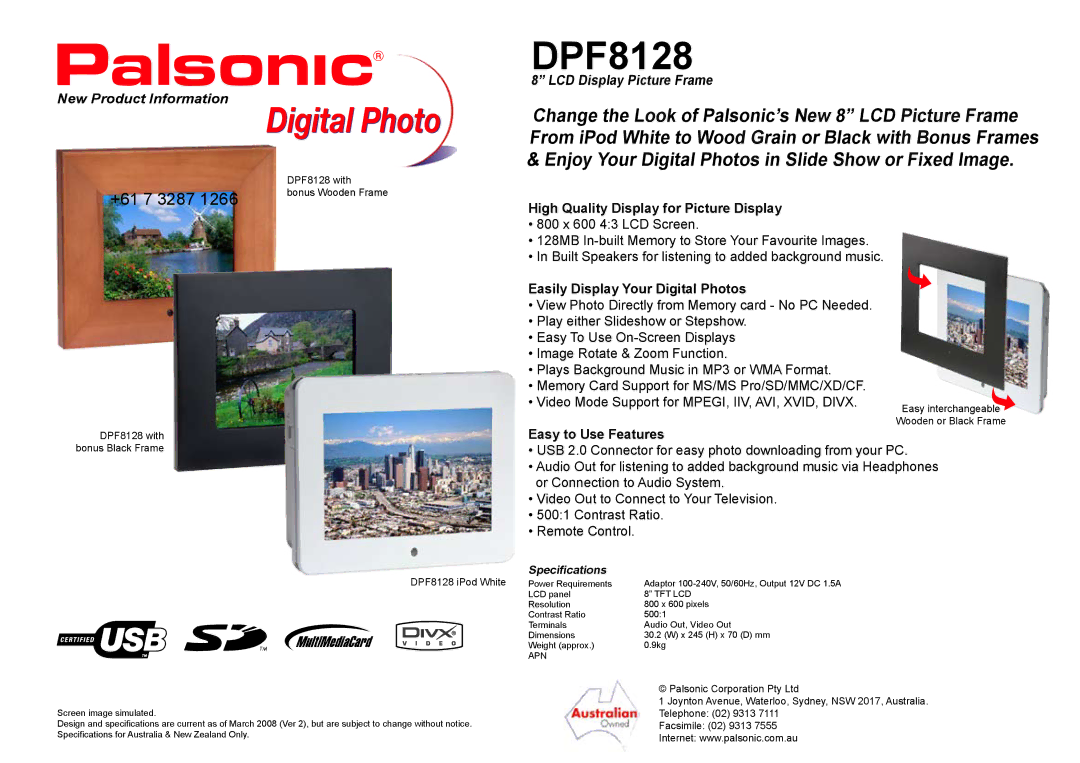 Palsonic DPF8128 specifications +61 7 3287, High Quality Display for Picture Display, Easily Display Your Digital Photos 