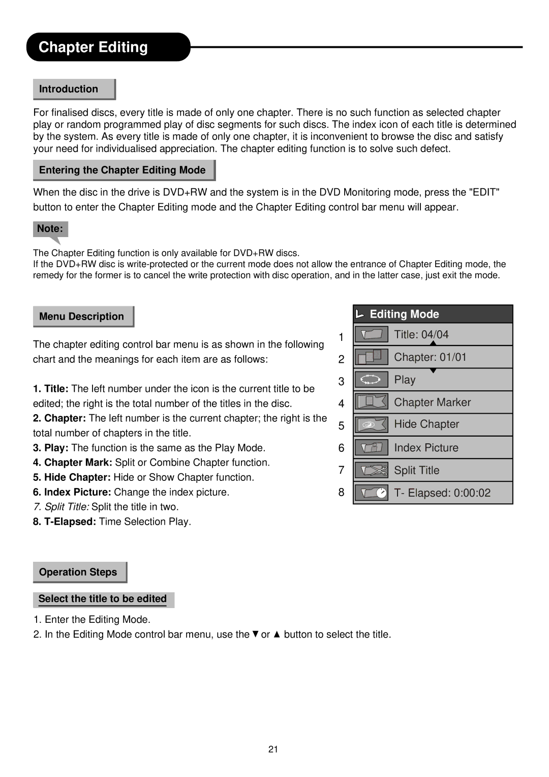 Palsonic DVD R 212 Entering the Chapter Editing Mode, Menu Description, Operation Steps Select the title to be edited 