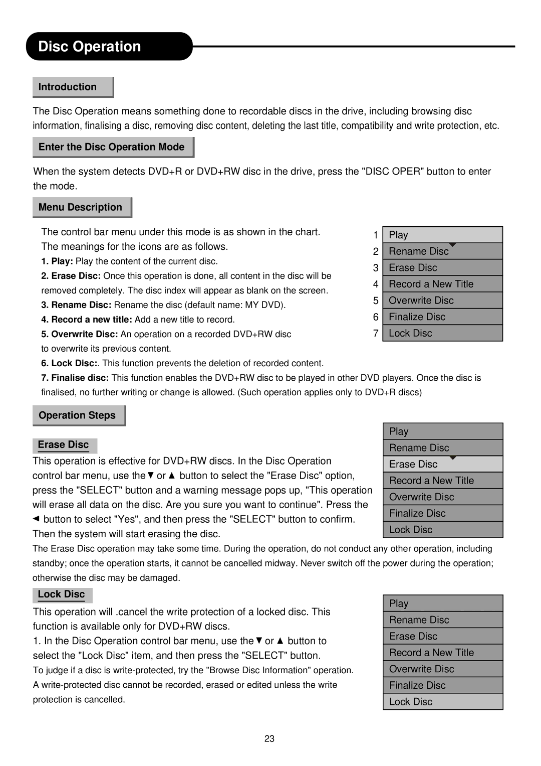 Palsonic DVD R 212 manual Enter the Disc Operation Mode, Operation Steps Erase Disc, Lock Disc 