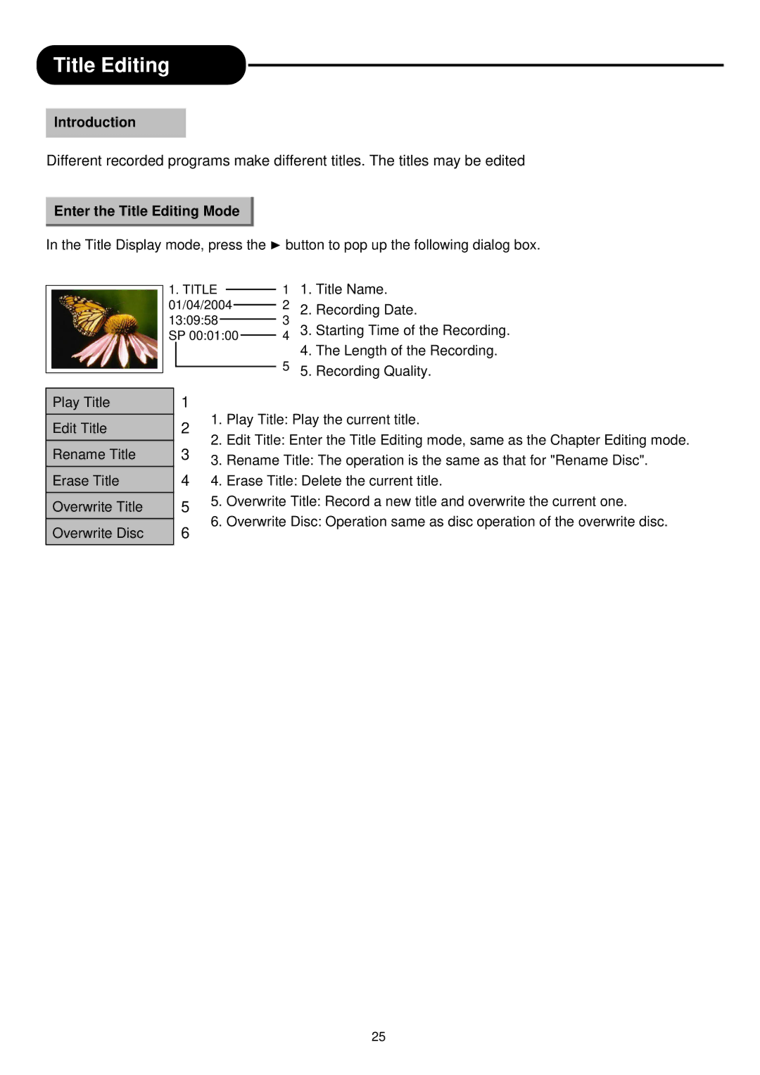 Palsonic DVD R 212 manual Enter the Title Editing Mode 