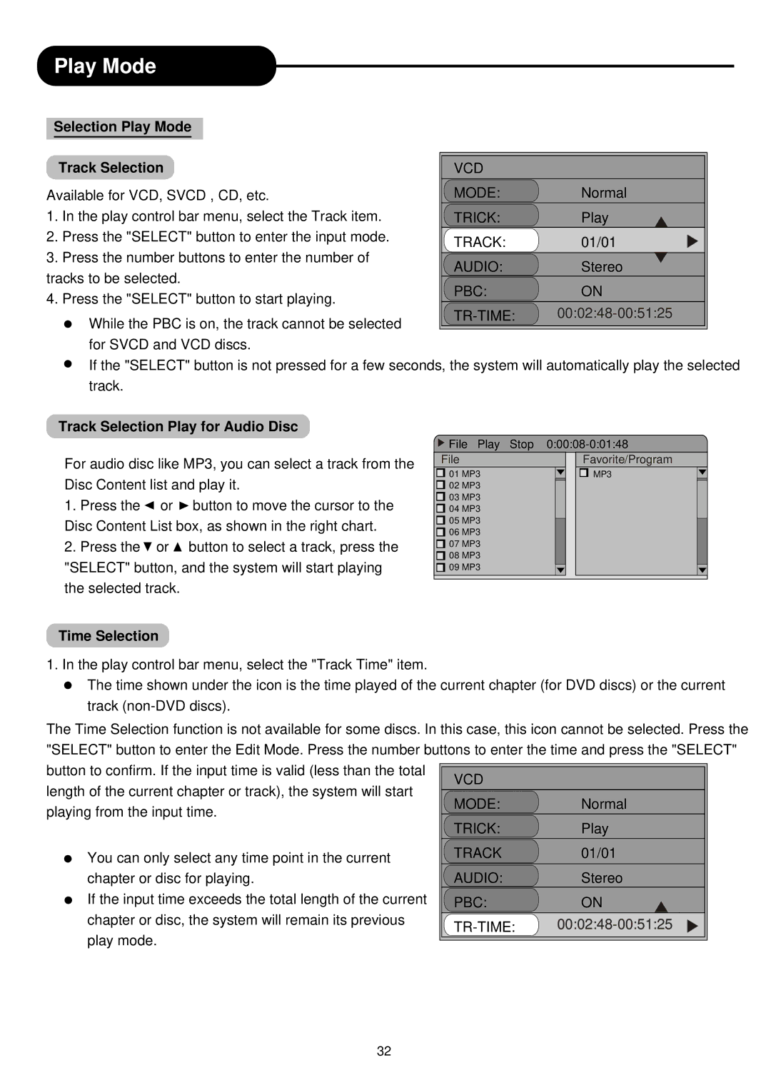 Palsonic DVD R 212 manual Selection Play Mode Track Selection, Track Selection Play for Audio Disc, Time Selection 