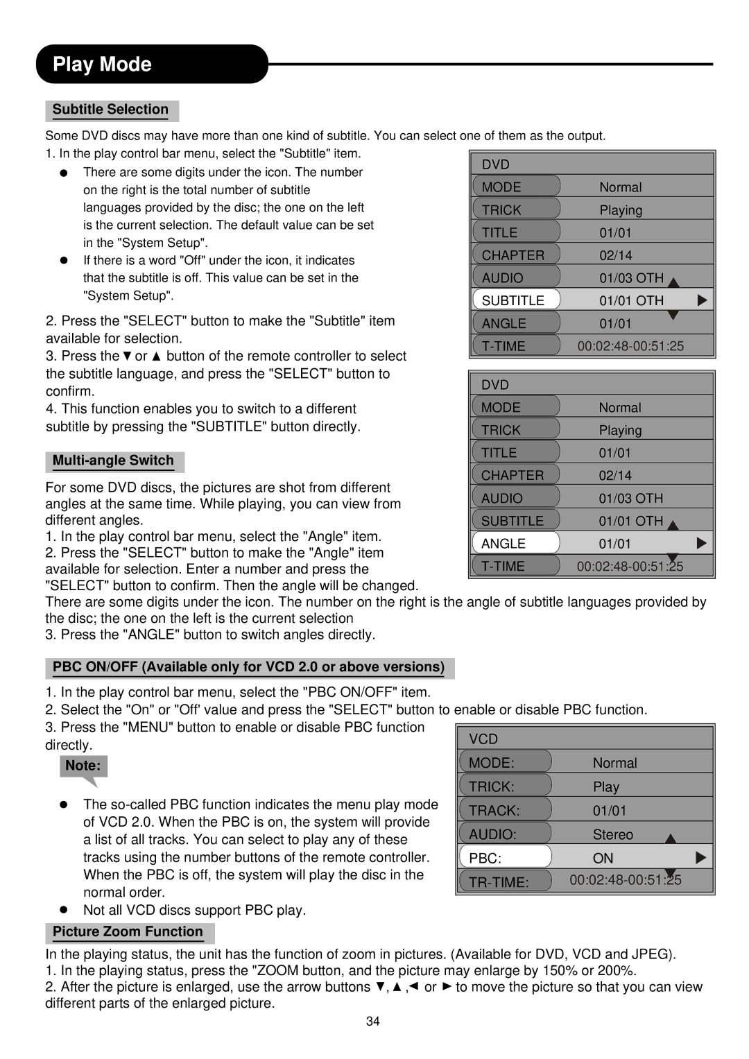 Palsonic DVD R 212 manual Subtitle Selection, Multi-angle Switch, PBC ON/OFF Available only for VCD 2.0 or above versions 