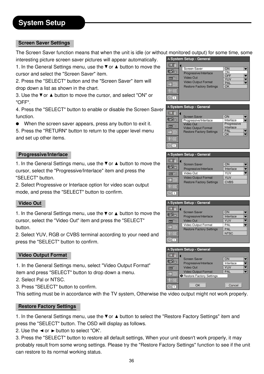 Palsonic DVD R 212 manual Screen Saver Settings, Progressive/Interlace, Video Output Format, Restore Factory Settings 