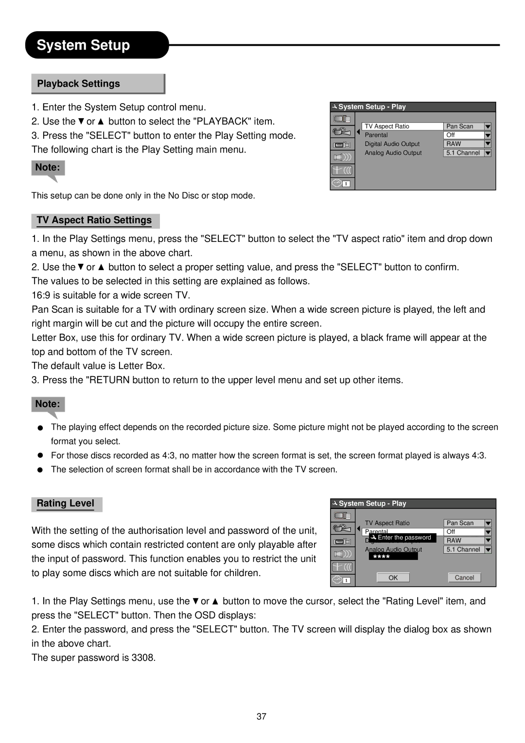 Palsonic DVD R 212 manual TV Aspect Ratio Settings, Rating Level 