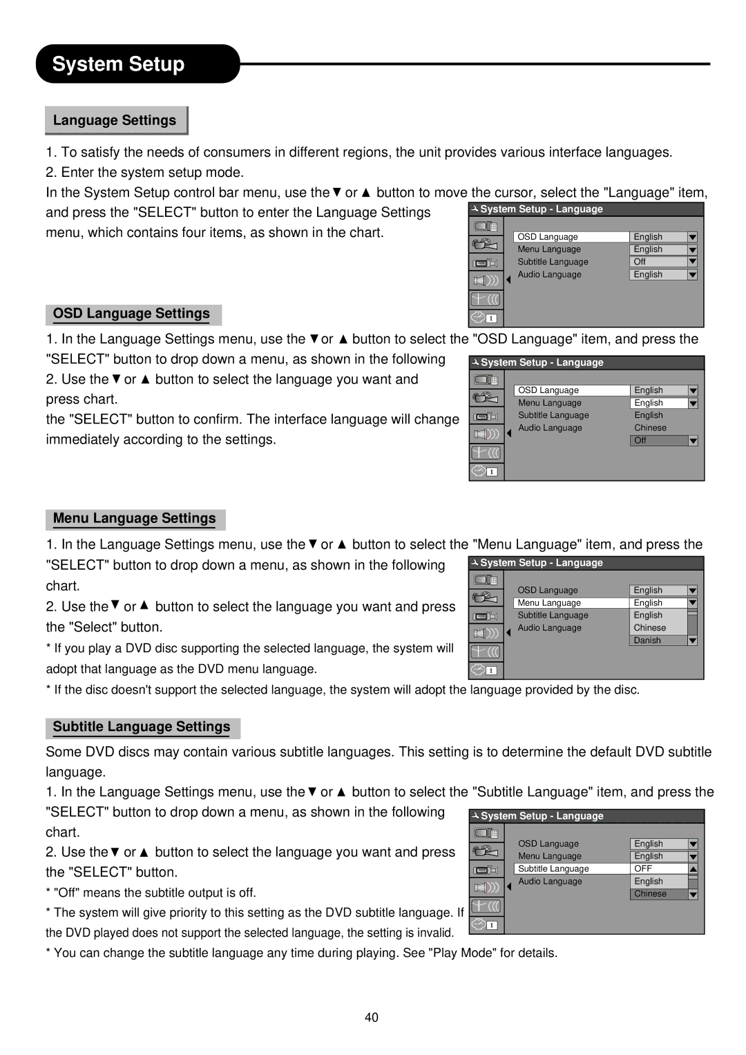 Palsonic DVD R 212 manual Menu Language Settings, Subtitle Language Settings 