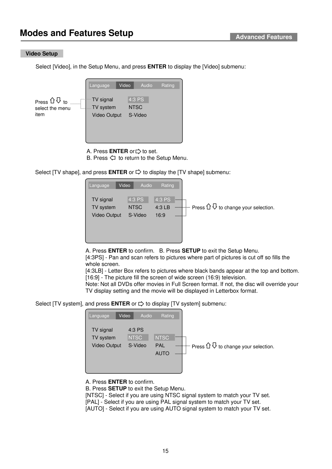 Palsonic DVD2030 user manual Video Setup 