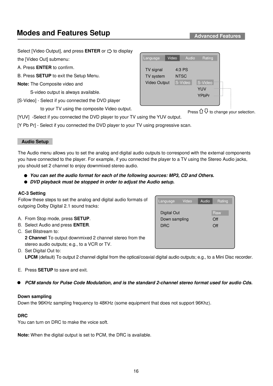 Palsonic DVD2030 user manual Audio Setup, AC-3 Setting, Down sampling 