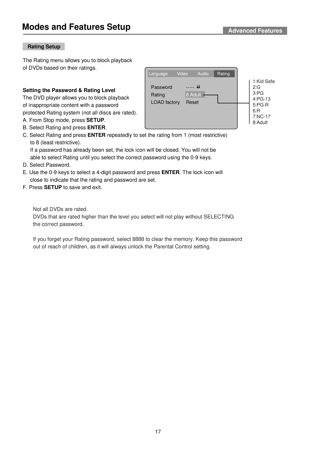 Palsonic DVD2030 user manual Rating Setup 