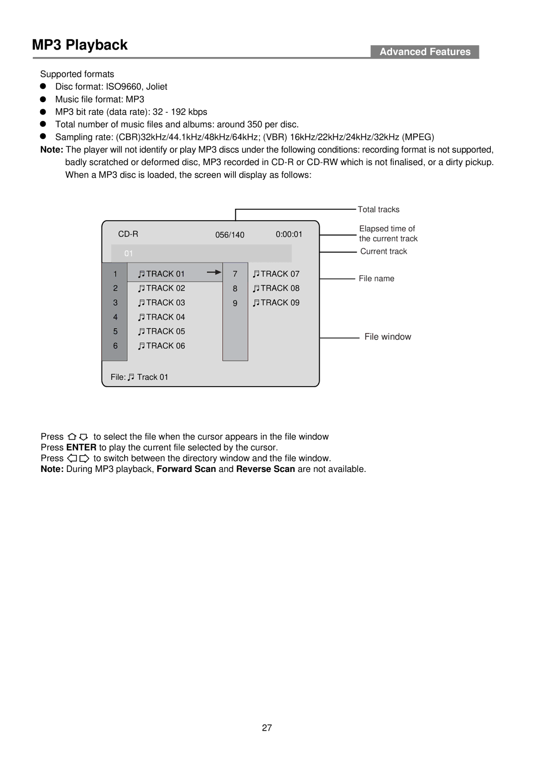 Palsonic DVD2030 user manual MP3 Playback, File window 