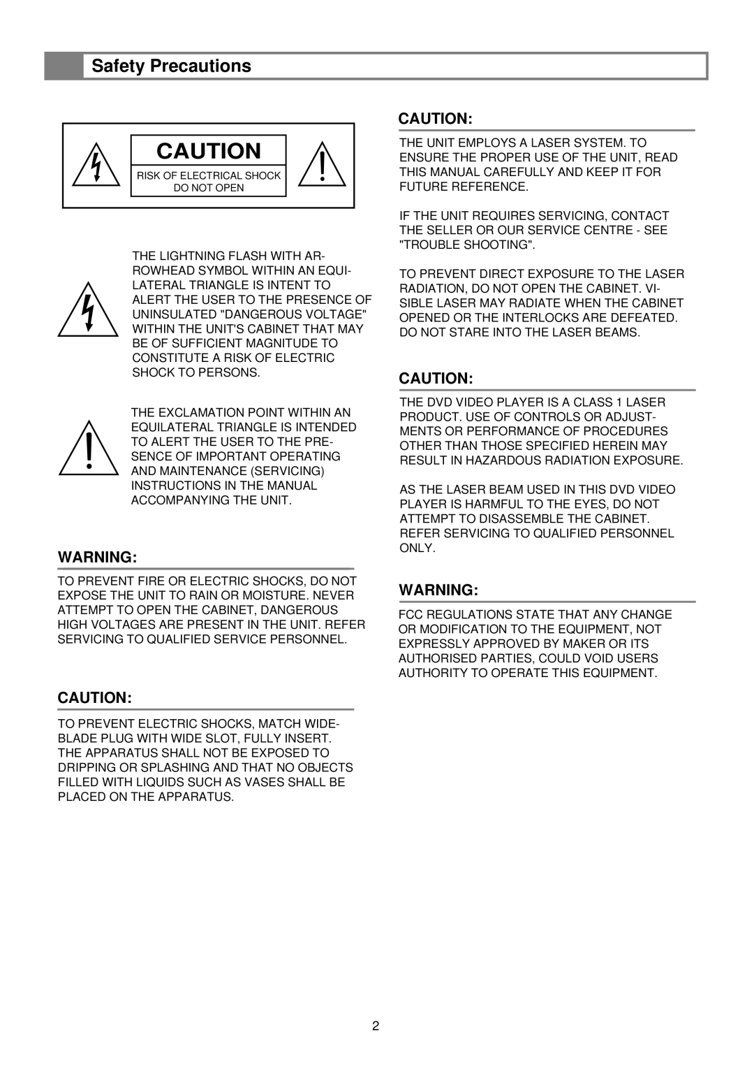 Palsonic DVD2030 user manual Safety Precautions 