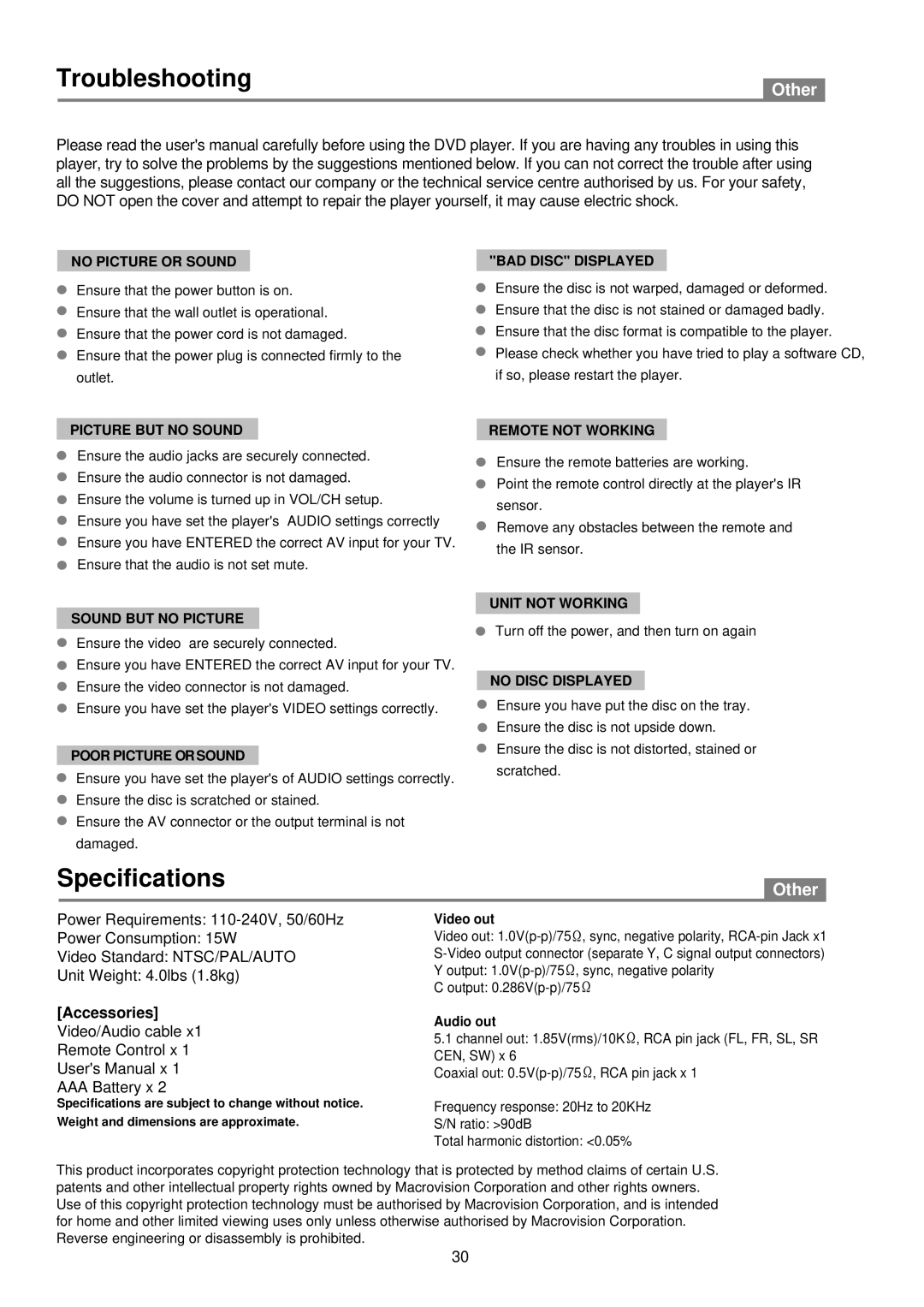 Palsonic DVD2030 user manual Troubleshooting, Specifications 