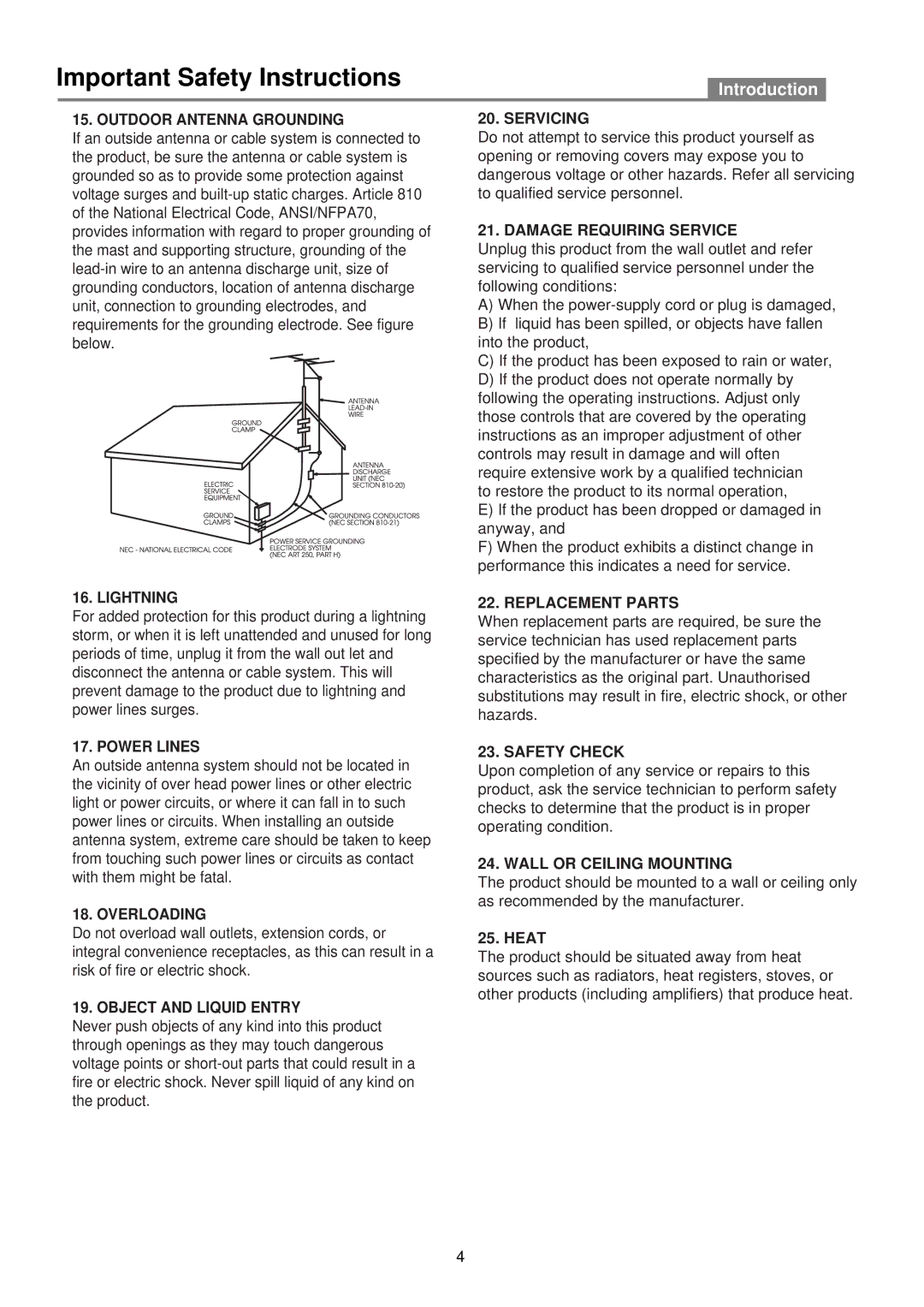 Palsonic DVD2030 user manual Outdoor Antenna Grounding 