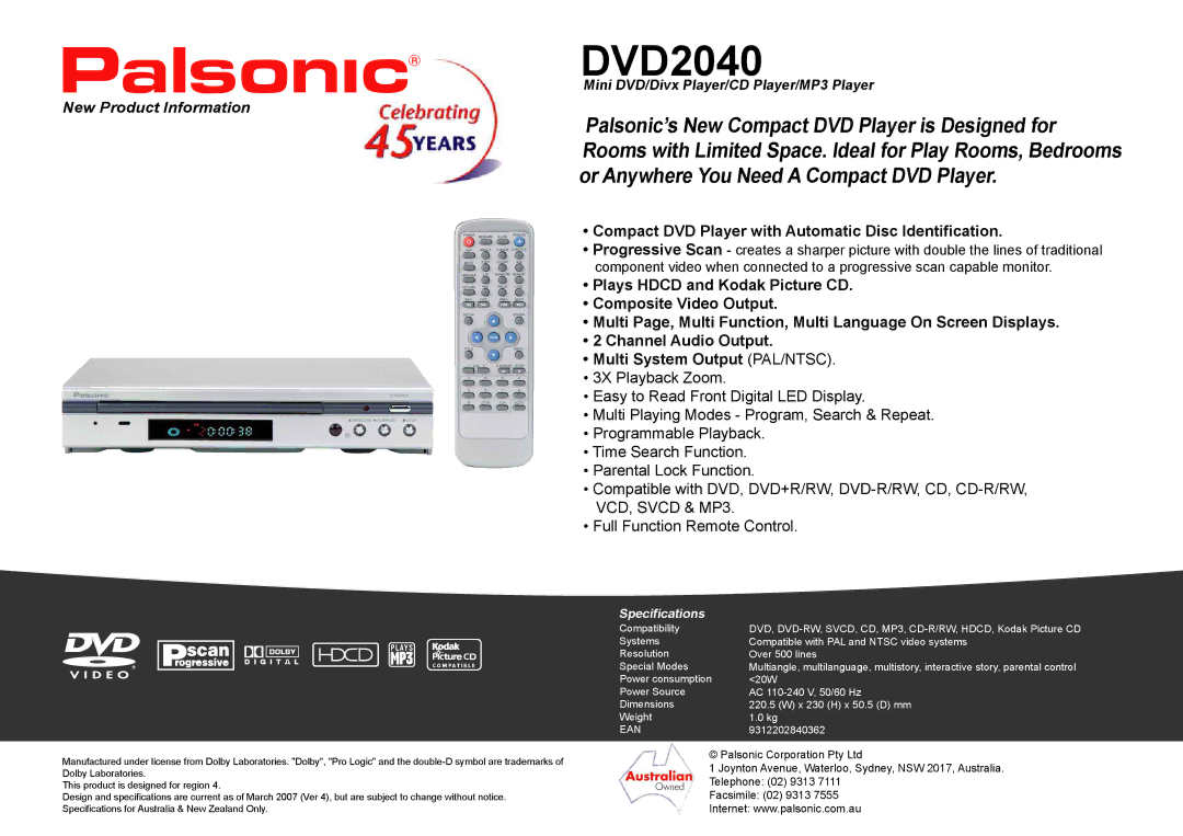 Palsonic DVD2040 specifications Compact DVD Player with Automatic Disc Identification, VCD, Svcd & MP3, Specifications 