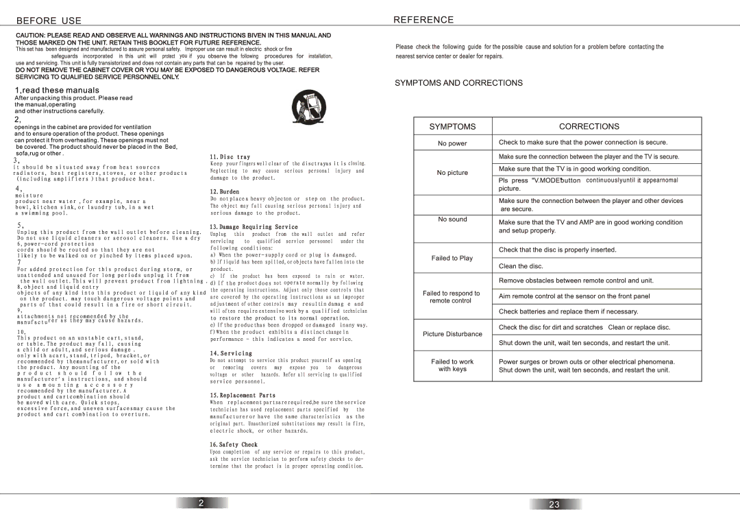 Palsonic DVD2045DX manual Servicing to Qualified Service Personnel only 