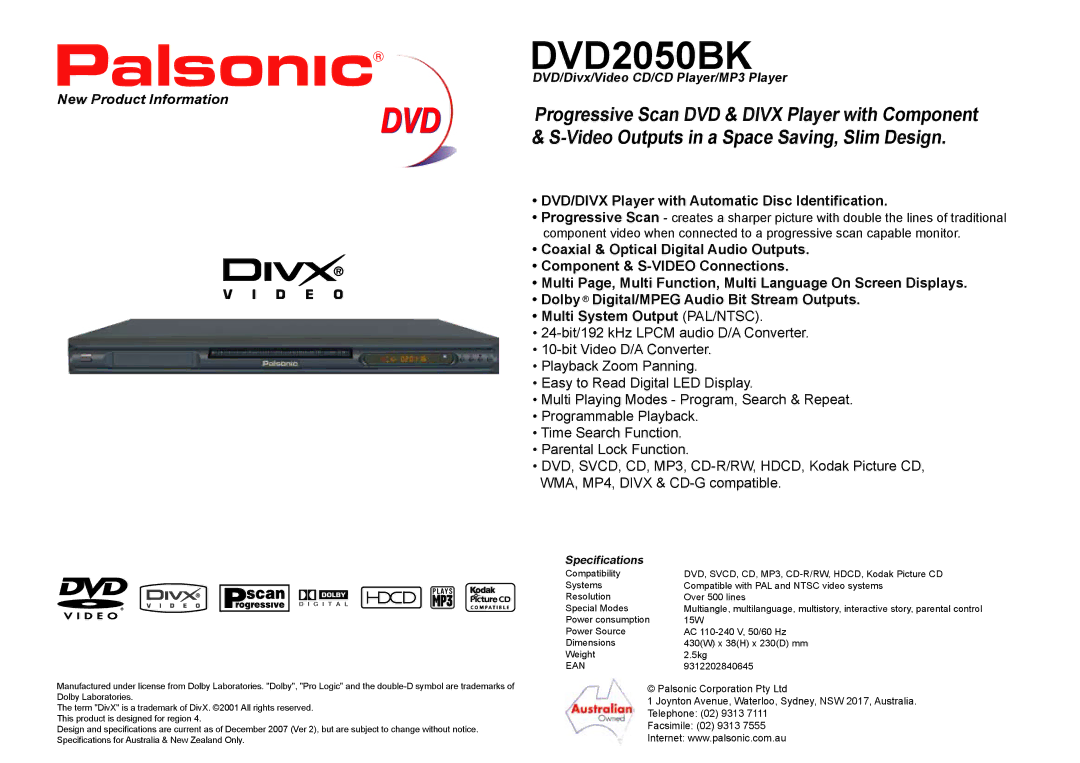 Palsonic DVD2050BK specifications Dvd, Video Outputs in a Space Saving, Slim Design 