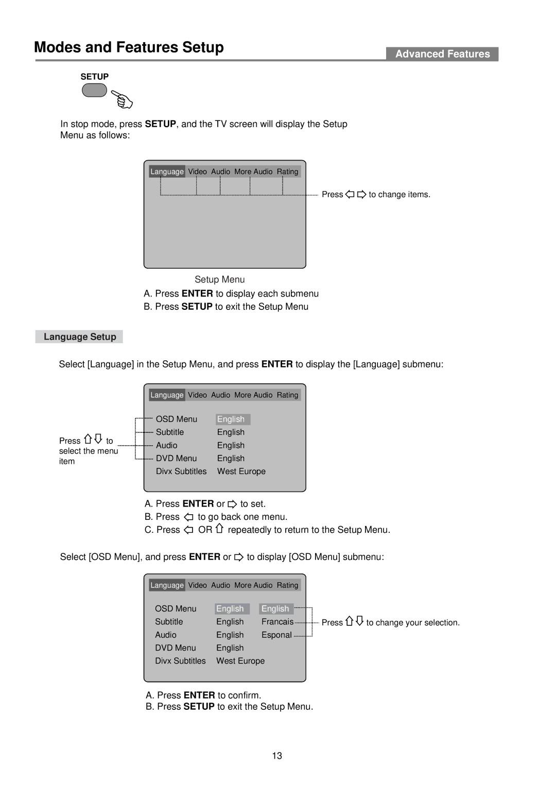 Palsonic DVD2050DX user manual Modes and Features Setup, Advanced Features 