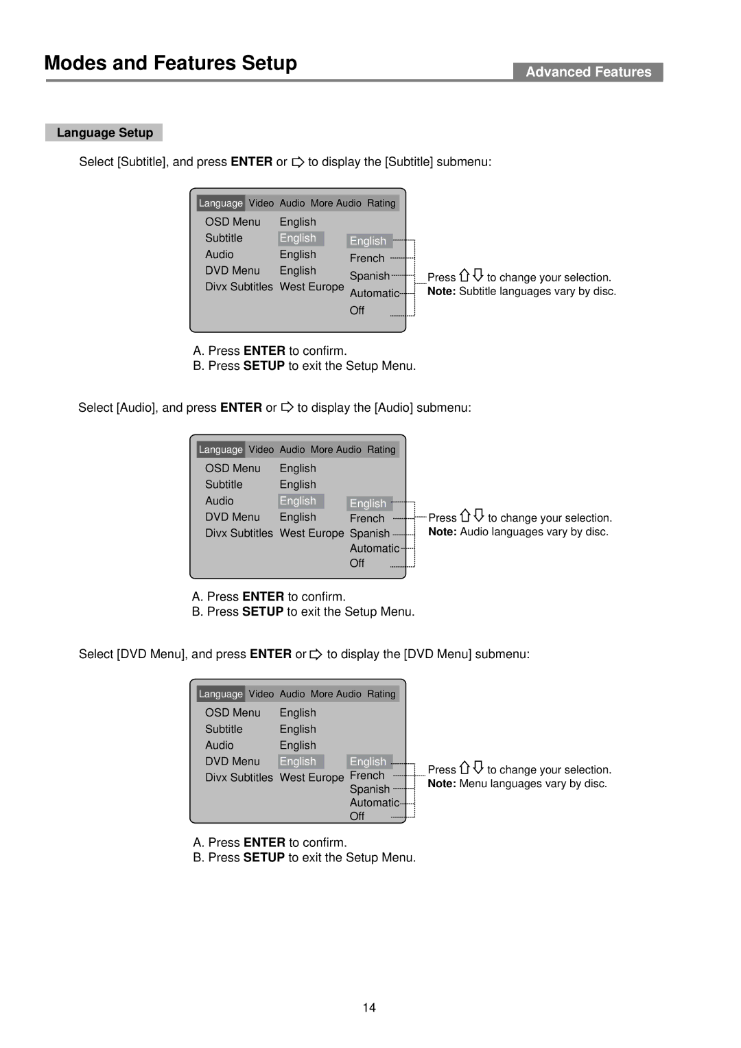 Palsonic DVD2050DX user manual Language Setup 