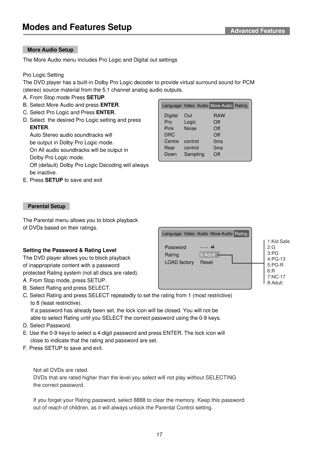 Palsonic DVD2050DX user manual More Audio Setup, Parental Setup 