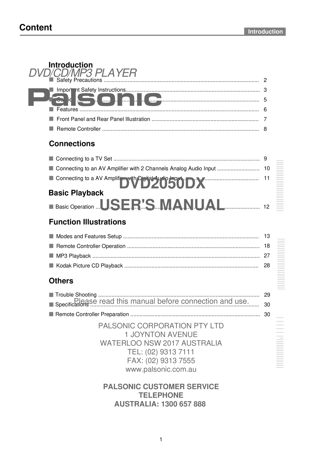 Palsonic DVD2050DX user manual Content, Introduction 