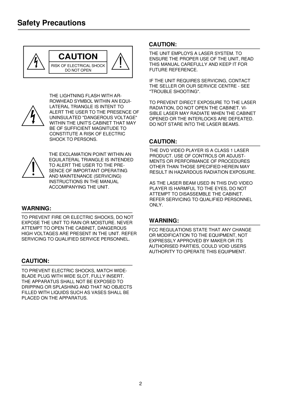 Palsonic DVD2050DX user manual Safety Precautions 