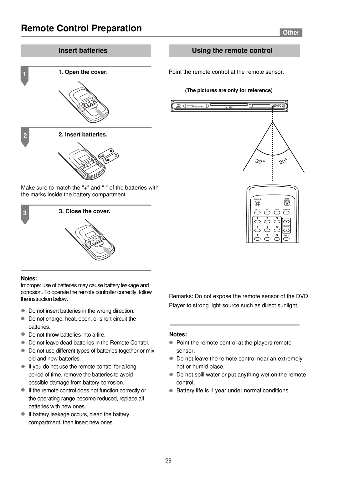 Palsonic DVD2050DX user manual Remote Control Preparation, Point the remote control at the remote sensor, Open the cover 