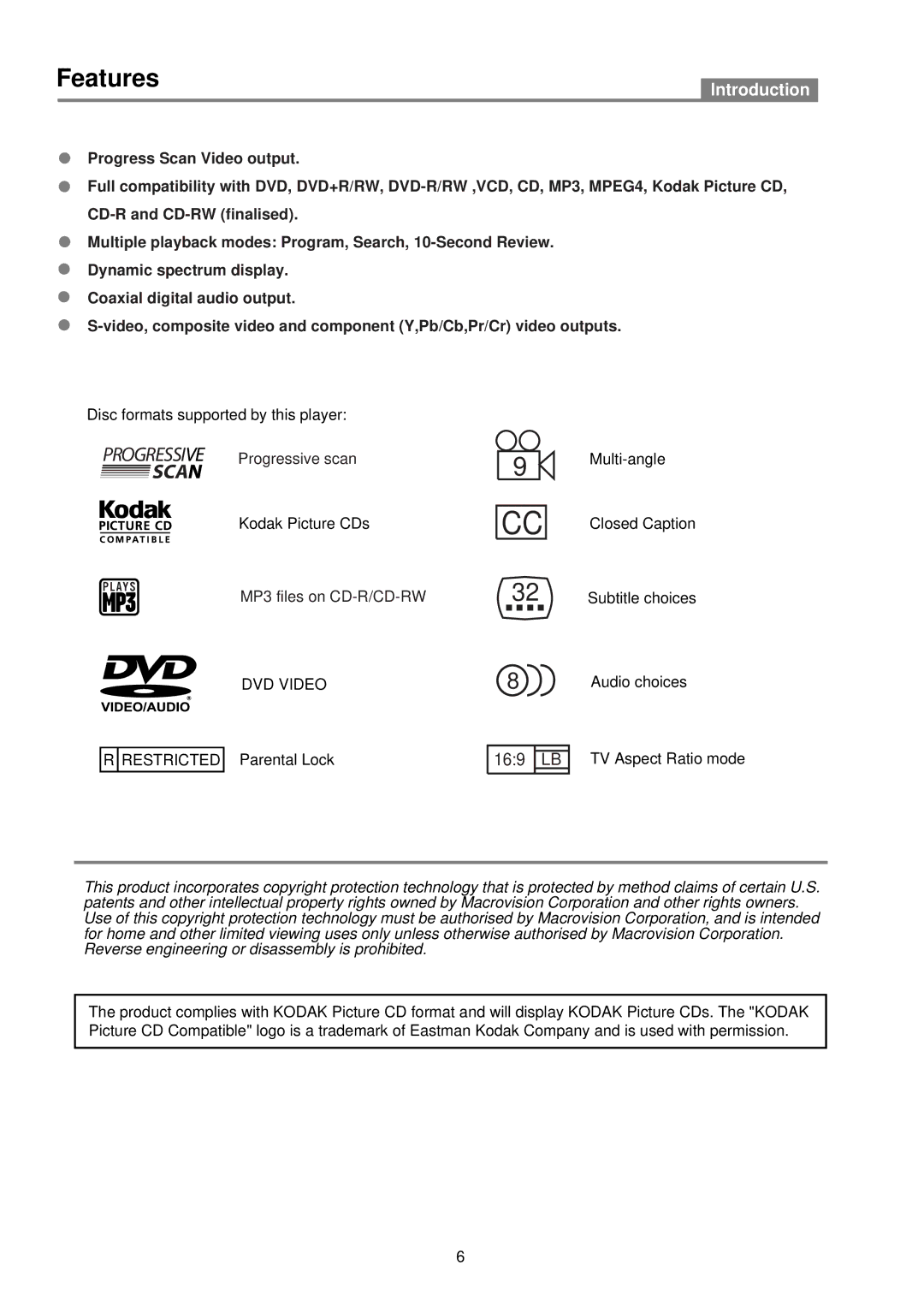 Palsonic DVD2050DX user manual Features, 169 