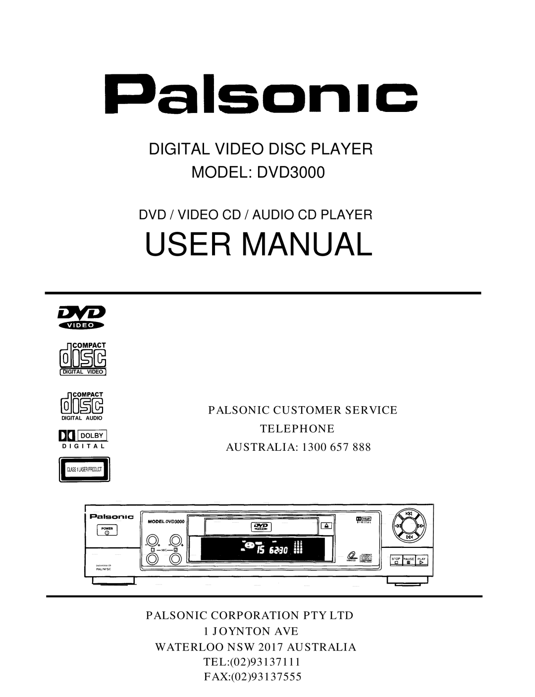 Palsonic user manual Digital Video Disc Player Model DVD3000 