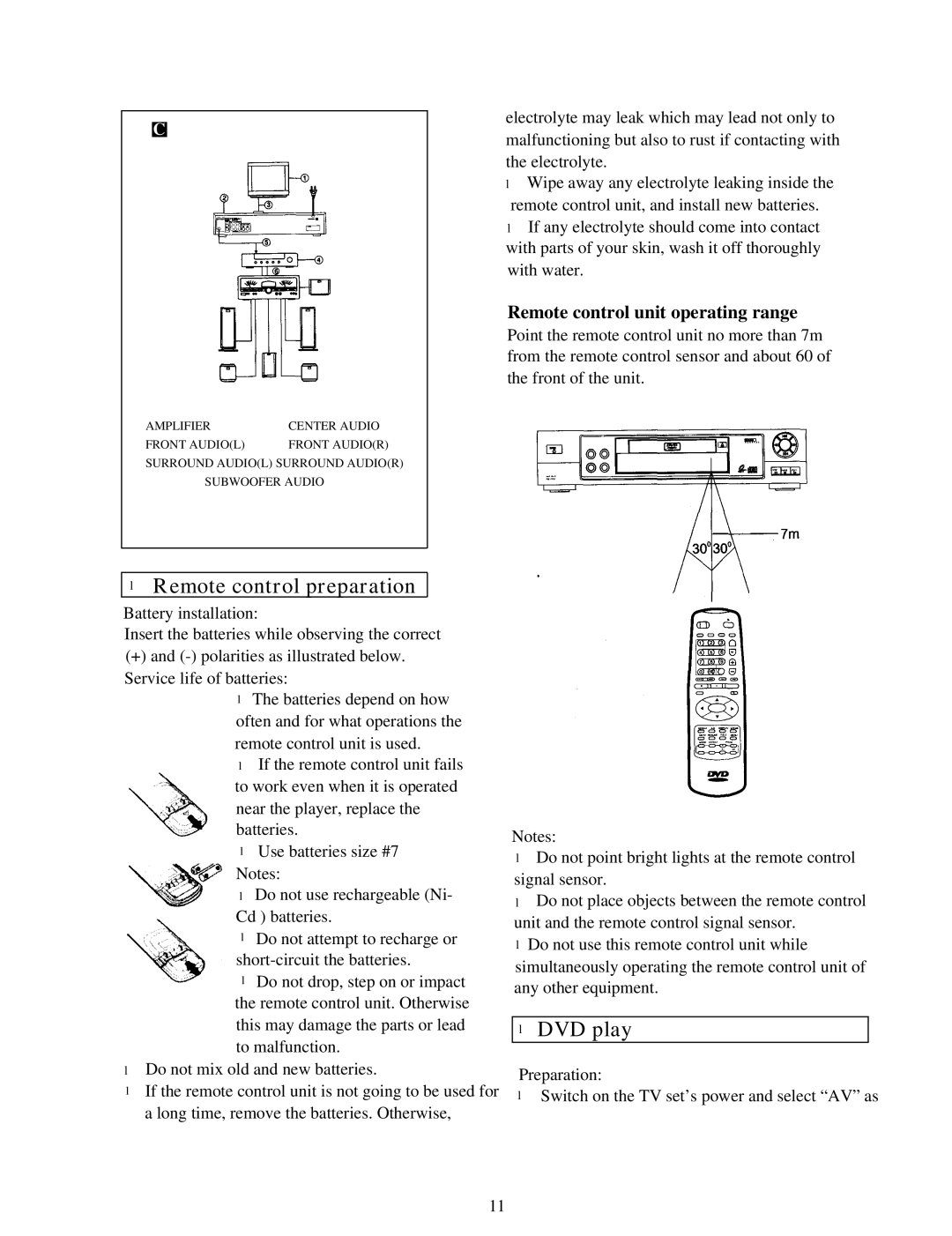 Palsonic DVD3000 user manual Remote control preparation, DVD play, Remote control unit operating range 