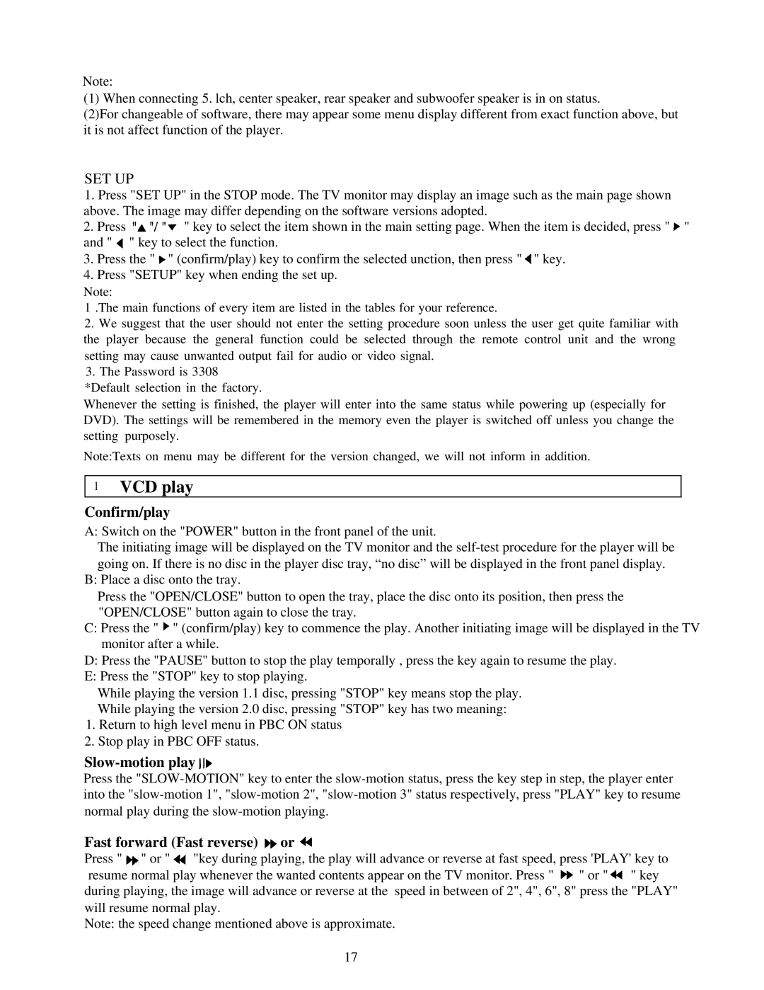 Palsonic DVD3000 user manual VCD play, Confirm/play, Fast forward Fast reverse or 