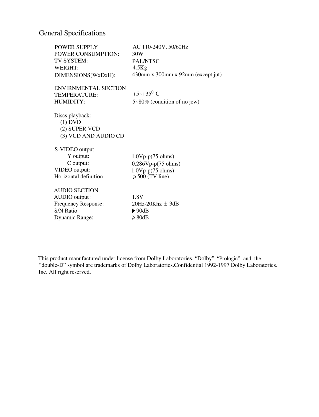 Palsonic DVD3000 user manual General Specifications, Pal/Ntsc 