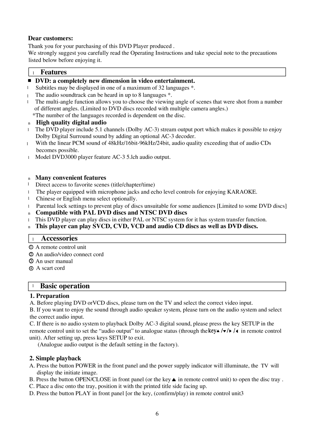 Palsonic DVD3000 user manual Accessories, Basic operation 