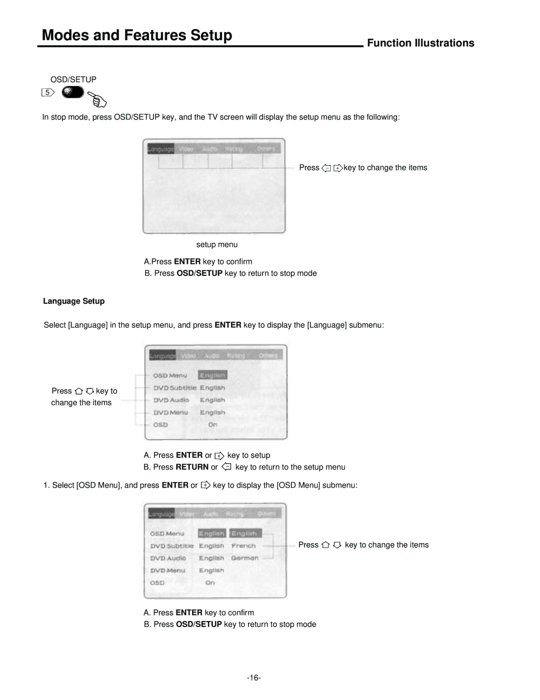 Palsonic DVD5000 user manual Modes and Features Setup, Osd/Setup, Language Setup 