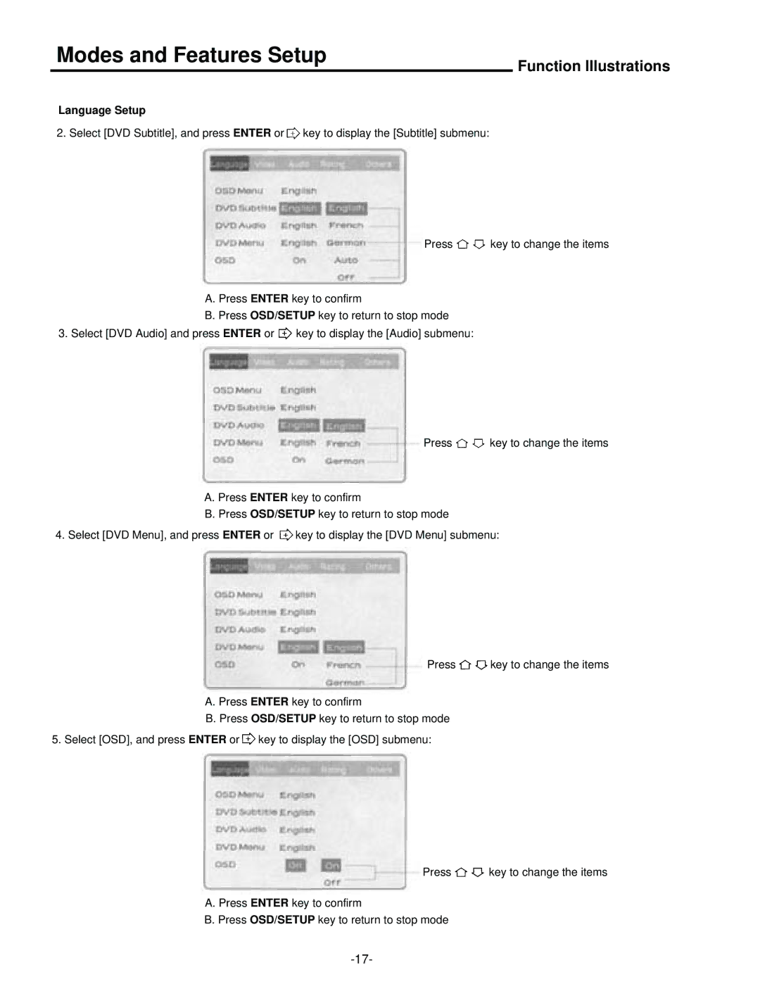 Palsonic DVD5000 user manual Modes and Features Setup 