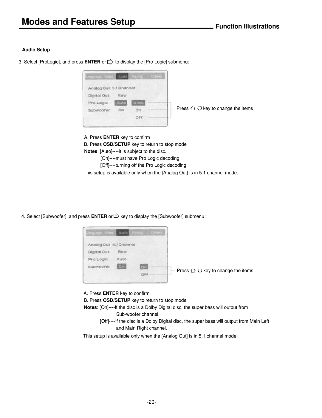 Palsonic DVD5000 user manual Modes and Features Setup 